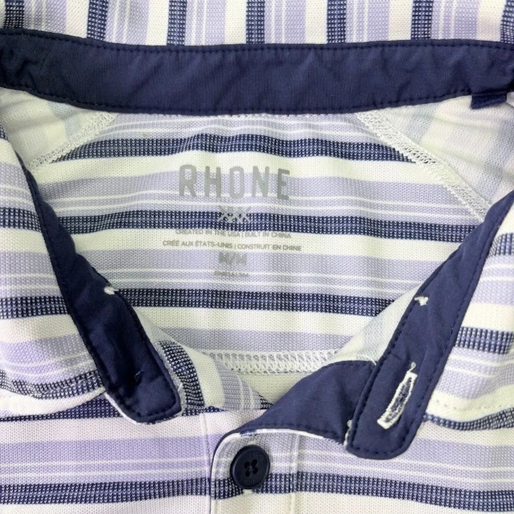 Rhone Polo Shirt Mens Medium Blue Striped Short Sleeve Performance - Picture 2 of 4